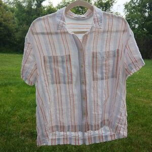 Madewell Button Up Short Sleeve Shirt White and Orange Striped Top Small